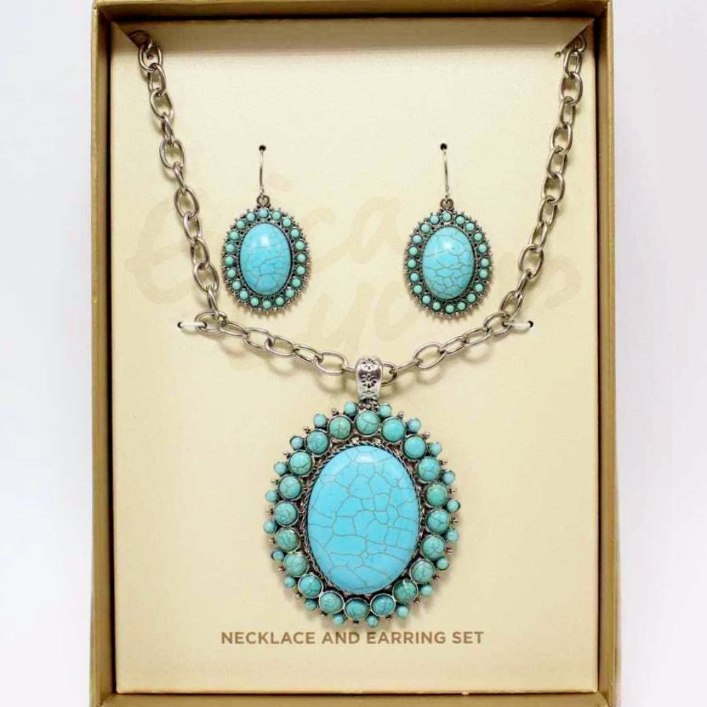 Erica Lyons Set Necklace & Earrings Faux Turquoise & Silver 20" Gift Boxed NIB
